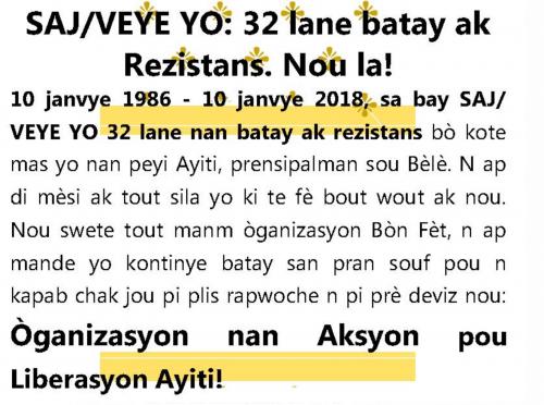 SAJ/VEYE YO : 32 lane batay ak Rezistans. Nou la!